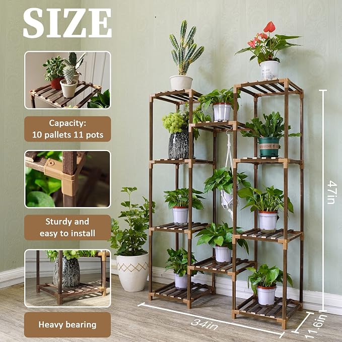 Plant Stand Indoor Outdoor, Tall Plant Shelf for Multiple Plants, 10 tiers 11 Pot Large Plants Holder Rack Wood Plant Shelves for Room Corner Balcony Garden Patio