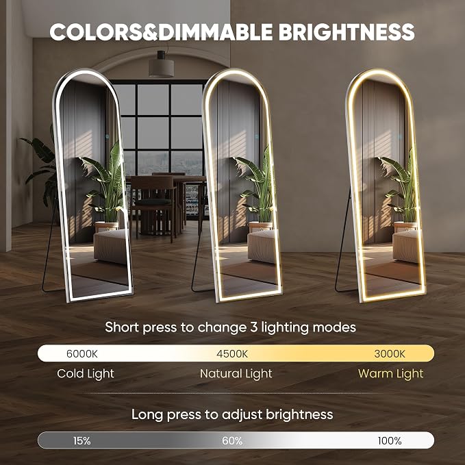 21"x64" Arched LED Full Length Mirror with Stand, Full Body Mirror | LED Lights 3 Color Lighting, Wall Hanging or Leaning, Floor Standing, Modern Simple Home Wall Decor