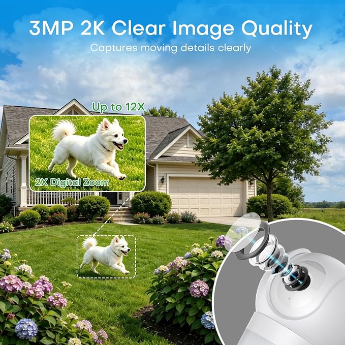 3MP 2K WiFi Light Bulb Camera with Alexa,Full-Color Night Vision,12x | 2.4GHz & 5GHz Wireless Light Bulb Cam,Two-Way Audio,Smart Motion Detection with Alexa,Indoor & Outdoor Use E26/27 Sockets