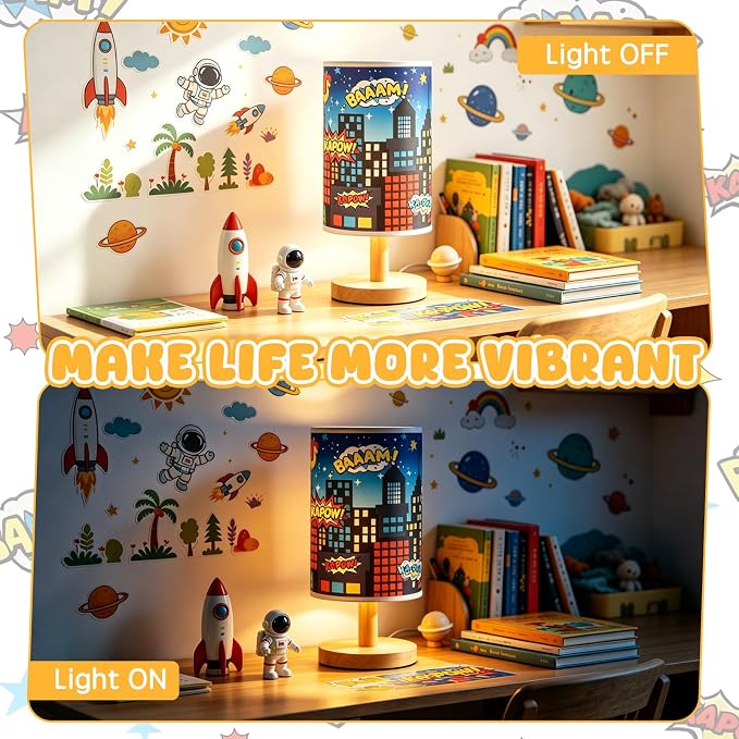 City Table Lamp for Kids Bedroom, 3-Way Dimmable Bedside Lamp with Wooden Base and Fabric Shade, Comic Book Night Light for Boys Room Decor, Cartoon Skyline Lamp for Nursery Playroom