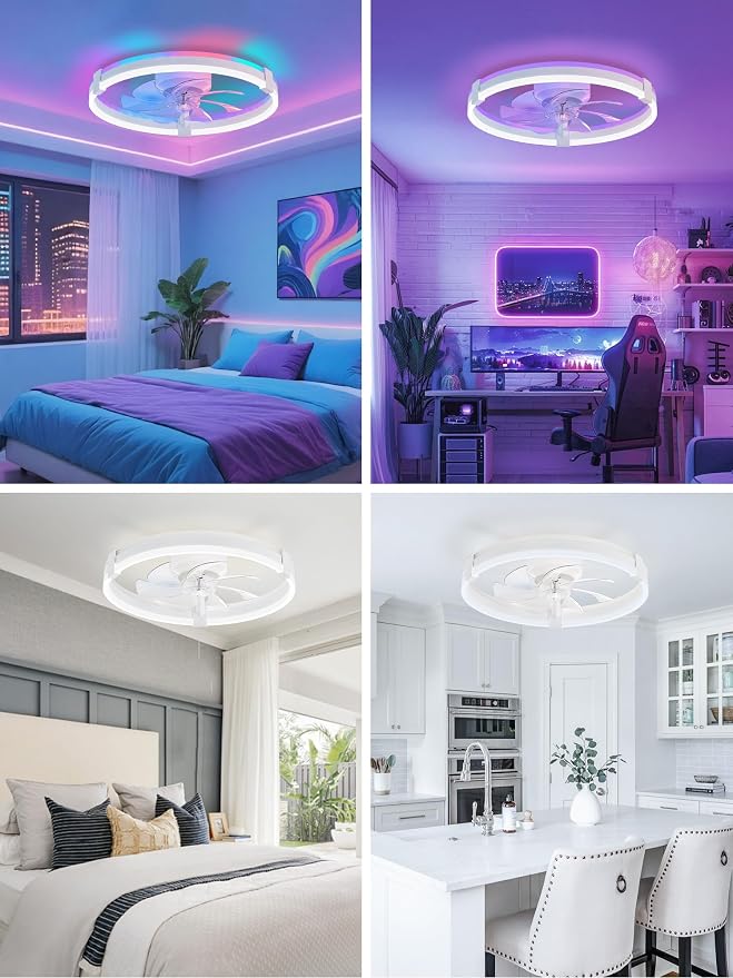 ZMISHIBO 20" RGB Low Profile Ceiling Fans with Lights and Remote, White | Custom RGB+3CCT Dimmable, 6 Speeds, Remote/App Control, Reversible DC Motor, Memory, Timer, Modern Fandelier for Kids/Bedroom