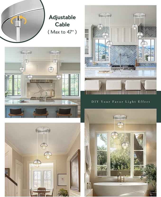 Modern Brushed Nickel 3-Light Cluster Pendant Lights, Mid Century Pendant Lighting with Clear Globe Glass Shade, Adjustable Hanging Cord Ceiling Light for Bathroom Dining Room, LMS-186BNC3