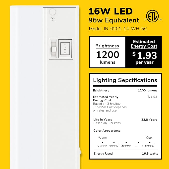 GETINLIGHT 30-Inch Hardwired Only LED Under Cabinet Light, 5-CCT Selectable | Choose from 2700K, 3000K, 4000K, 5000K, or 6000K. Dimmable with a matte white finish. ETL Listed. Model: IN-0201-14-WH-5C