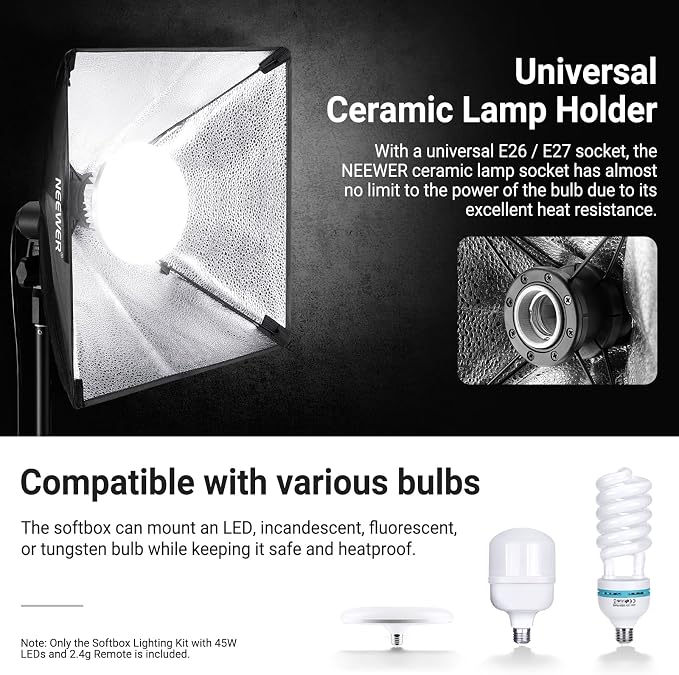 NEEWER 24"x24" Softbox Lighting Kit with Tripod Stand, 45W Bi Color 2.4G LED Bulb, 66' Remote Control 10 Channels 2900K-7000K 1400lx/1m CRI95 Studio Photography Video Recording Continuous Light, NK104 | 45W Bi Color 2.4G LED Bulb, Remote, 10 Channels, ...