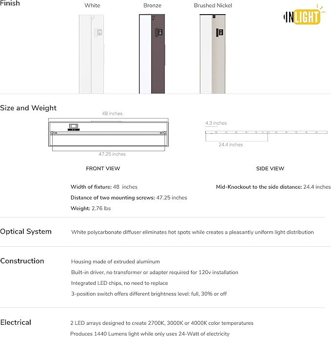 Getinlight 48-inch 3 Color Levels LED Under Cabinet Lighting, Hardwired or Plugged-in, Selectable White 2700K/3000K/4000K, Dimmable, Bronze Finished, IN-0210-6-BZ