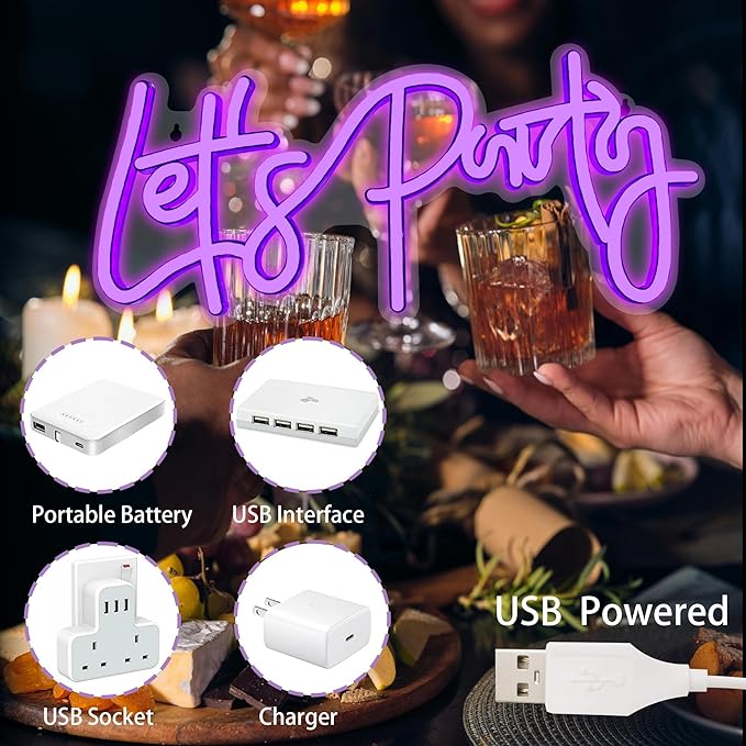 Let's Party Neon Sign,Adjustable LED Neon Lights powered by USB,Wall Decor Art Decorative Lights for Birthday Party,Wedding Party,Prom(Pink)