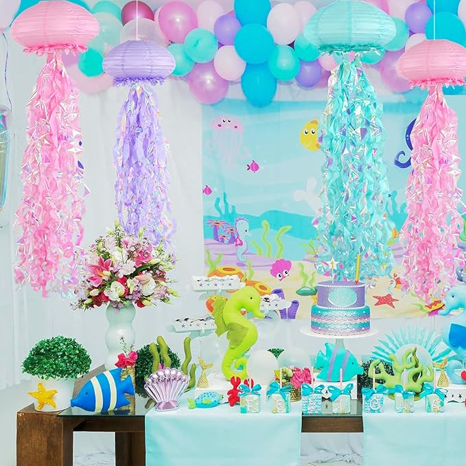 ADLKGG Jellyfish Paper Lanterns, Under The Sea Party Decorations, 6pcs Hanging Jelly Fish for Mermaid Ocean Themed Birthday Party Decorations, Baby Shower Classroom Decor (Blue Pink Purple）