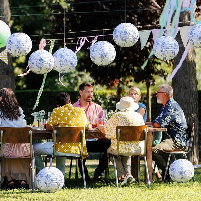 Honoson 12 Pcs Floral Paper Lanterns Blue Tea Party Decorations Flower Wildflower Spring Birthday Party Decoration 10 Inch Hanging Round Paper Lanterns for Wedding Bridal Shower Baby Shower Decor