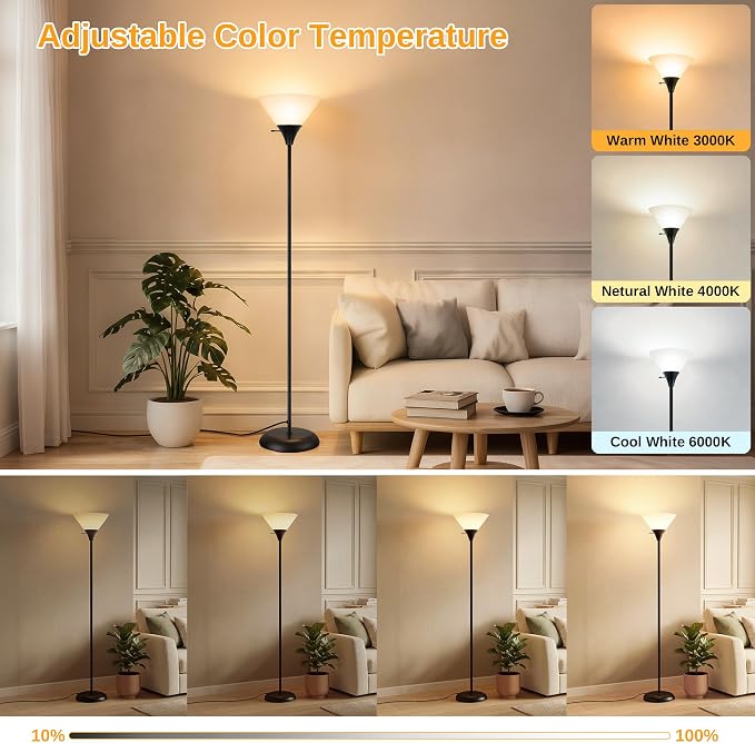 Coucrek Floor Lamp for Living Room, Torchiere Standing Light | Remote Control Stepless Dimmable Brightness & Color Temperature, 9W LED Bulb Included, Tall Lamp for Bedroom, Office, Dorm
