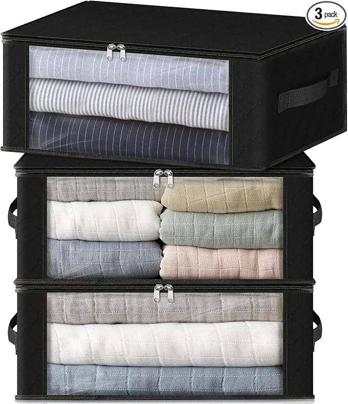 HomeHacks 3-Pack Clothes Organizer Storage Bags, 35L Storage Bins, Black | Foldable Storage Box Container with Zippers, Clear Window, Reinforced Handles for Closet, Dorm, Pillows, Bedding, Sweater