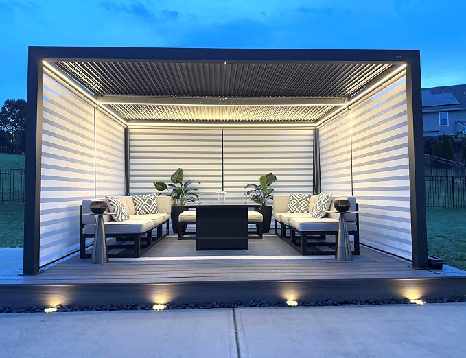 PURPLE LEAF Louvered Pergola 12' x 16' 94AS LED Strip Light 53mph Windproof | Rainproof System, Two Adjustable Roofs, 53Mph Wind, Zero-Rust Aluminum, Plus Hidden LED Ambient Lights.