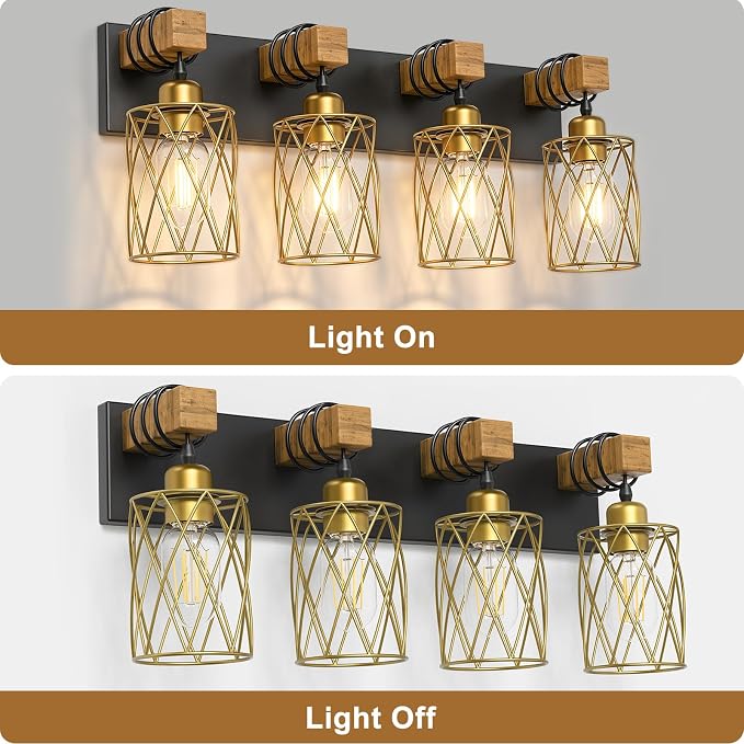 IZORRO Farmhouse Bathroom Vanity Light, 4-Light Wood Bathroom Light Fixtures Over Mirror, Black and Gold Industrial Vanity Lights with Metal Shade, Rustic Restroom Lighting Fixtures