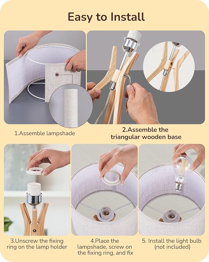 EDISHINE Tripod Table Lamp, 17.5" Modern Bedside Lamp with Natural Wood-Colored Lamp Legs & Beige Linen Lampshade, Boho Nightstand Lamp for Bedroom, Living Room, Reading Room, E26 Base