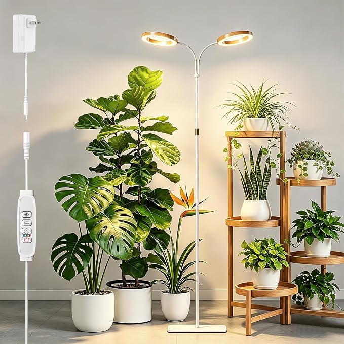 SDOVUERC Full Spectrum Grow Light with Stand for Indoor Plants, Floor Plant Light, 6/12/18H Timer, 3 Color Modes, Adjustable Height 16.5–68in, for Large Plants & Home Décor(2 Heads,Faux Wood Grain)