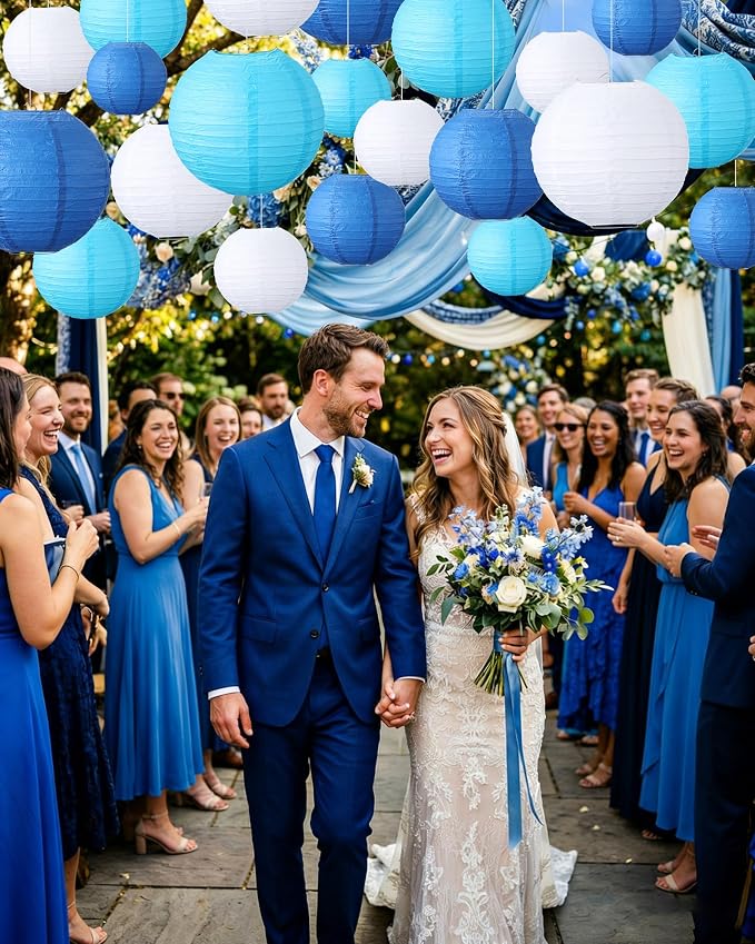 Treela 48 Pcs Paper Lanterns Party Decorations Round,Blue,White | Chinese Hanging Lamps, Wedding, Party Supplies, Birthday Bridal, 4/6/8/10 Inch, Easy Setup, Asian Decor, Festive Atmosphere