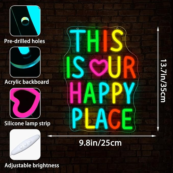 This Is Our Happy Place Neon Sign for Bedroom Wall Decor | Dimmable warm vibe neon light, cozy home teen bedroom decor, birthday gift for couples families, size 13.8*9.8 in