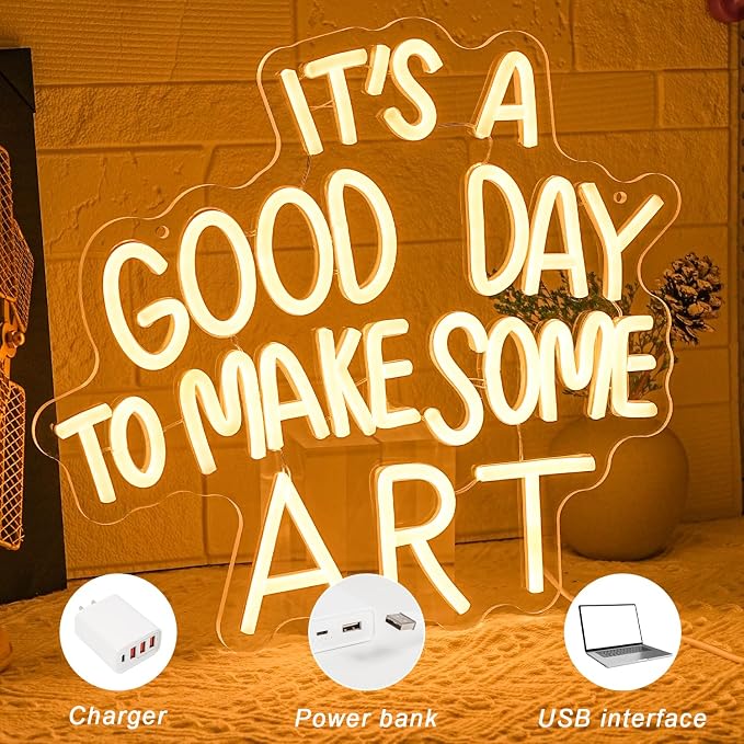 It's A Good Day to Make Some Art Neon Sign for Wall Decor Aristic LED Light Paint Neon Light Sign Classroom Neon Sign Dimmable Warm White Art Letter Neon Light for Bedroom Classroom Home Gallery Studio