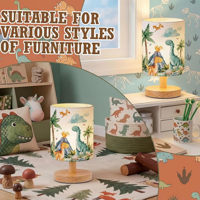 Roaring Dinosaur Kids Table Lamp for Bedroom Kids Bedside Lamp with Linen Wooden Nightstand Cartoon Nursery Lampshade for Girls Boys Living Room