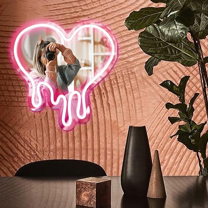 DECANIT Heart Neon Sign - Heart-Melting Wall Decor, USB Powered LED Light in Pink, 12"x12" Decorative Wall Mirror.Ideal for Bedroom, Girls Room, Party, Studio, Store Decor. Great Birthday Gifts