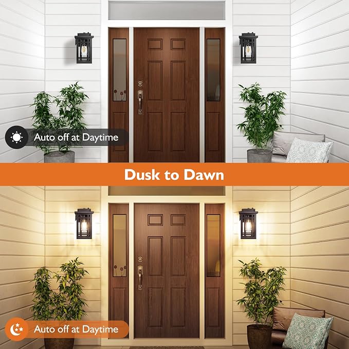 2-Pack Outdoor Porch Lights with Outlet,Dusk to Dawn Motion Modern Outdoor Wall Lights Exterior Lighting Fixtures Waterproof, Black Outside Light for House Patio Garage Hallway