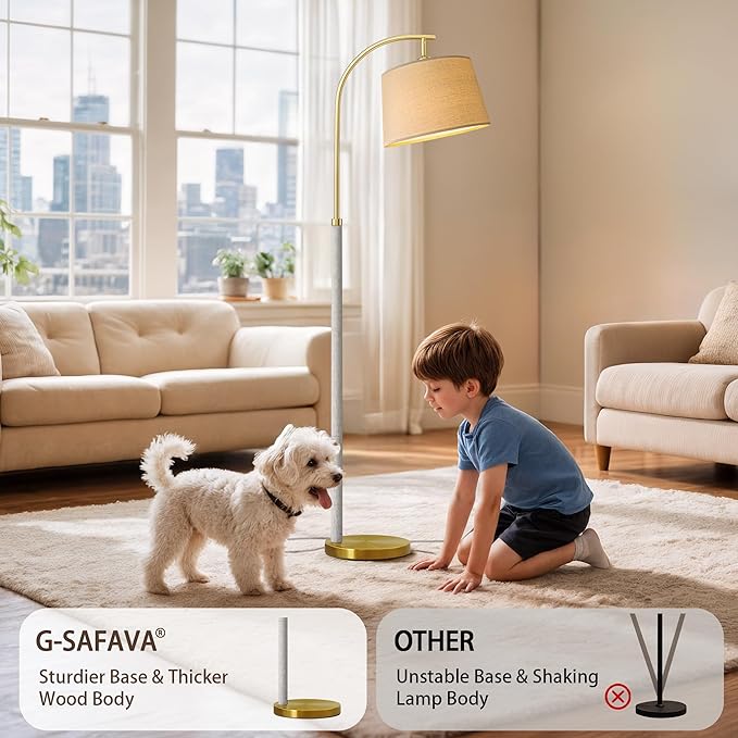 63" Wood Floor Lamp for Living Room Dimmable Standing Lamp with Remote & Foot Switch, 3 Color Temperatures Tall Lamp Mid Century Modern Floor Lamp for Bedroom Office, 9W Bulb Included, White