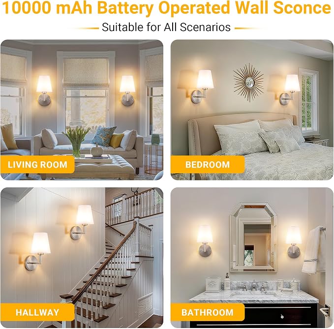 Vimhou Peel and Stick Wall Sconces, Stick On Wall Sconce Set of 2, Battery Operated Wireless Wall Light, No Drill Adhesive Wall Lamp, Corn Bulb with 10000mAh Rechargeable Battery, Bedroom Wall Decor