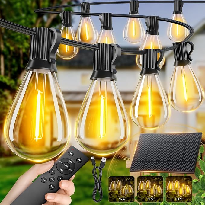30FT Solar String Lights Outdoor Waterproof, 10+1 LED Solar Powered Lights with Remote Control, 3 Light Modes & Dimmable, USB-C Charging for Patio, Backyard, Garden, Camping