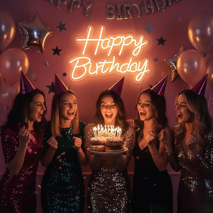Happy Birthday Neon Sign for Backdrop, LED Happy Birthday Light Up Sign, USB Powered Dimmable Neon Light for Birthday Party Decorations, Wall Decor, Warm White, 16.5 x 12 inch