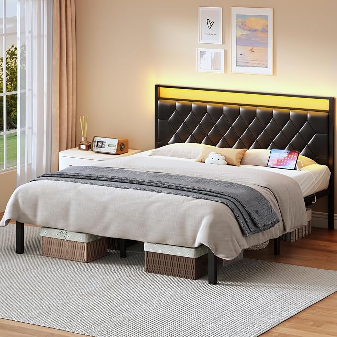 King Size Bed Frame with Charging Station, LED Light and PU Leather Upholstered Headboard, Platform Bed Frame with Under-Bed Storage, Easy Assembly, Noise Free, No Box Spring Needed, Black