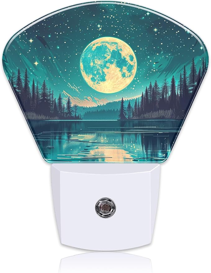 Fantasy Lake Forest Plug in Night Lights, Full Moon in Starry Sky Nightlight Plug Into Wall Dusk to Dawn Sensor for Kid Girls Boys Women Men Room, Hallway, Kitchen, Bathroom, Stairs Decor