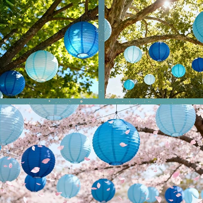 Chinese Paper Lanterns for Birthday Party Decorations – Hanging Rainbow Lanterns for Ceiling Decor, Classroom, Wedding, and Home Party – Pack of 18,Blue/Royal Blue(8/10/12-Inch)