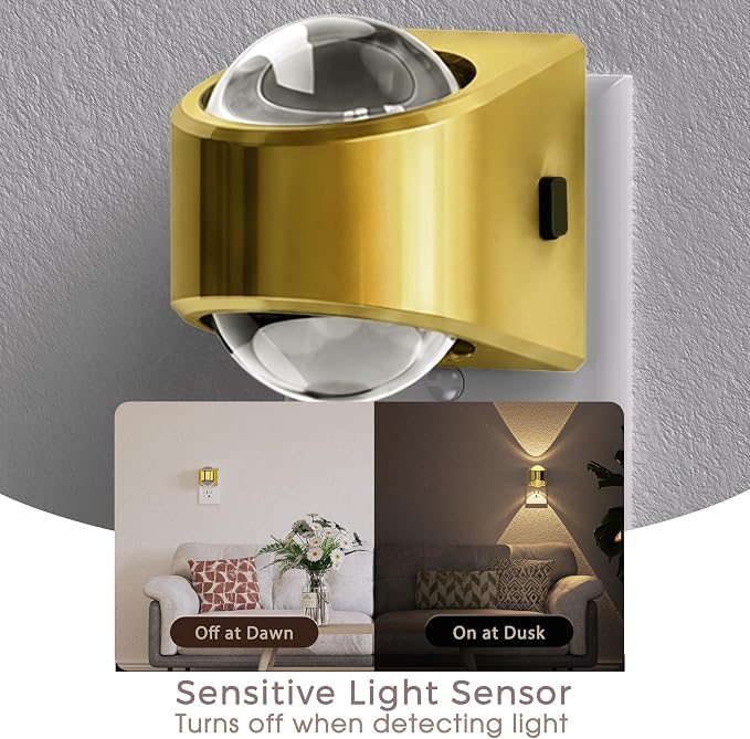 Projector Night Light, Rotating Gold Night Lights Plug into Wall | Dimmable, Soft White 3000K, Dusk to Dawn Nightlight for Kids, Bedroom, Nursery, Bathroom, Home Decor, Gaming Room, 2 Pack