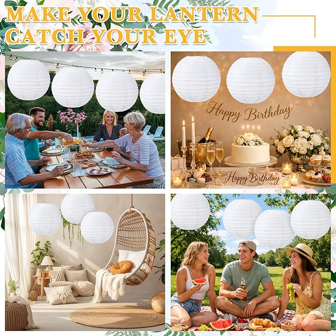 Treela 10 Pack White Chinese Japanese Paper Lanterns Decorative Hanging Round Paper Lantern Lamps for Wedding Birthday Party Decorations (14 Inch)