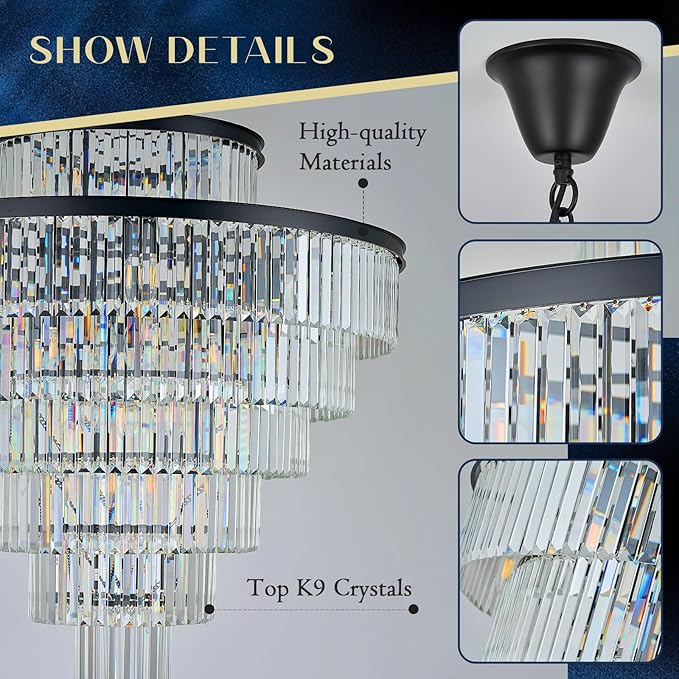 Large 40" Black Crystal Chandelier 28 Lights Modern Round Chandeliers for Staircase Luxury 7-Tier K9 Crystal Ceiling Pendant Light Fixture for High Ceiling Living Room Foyer