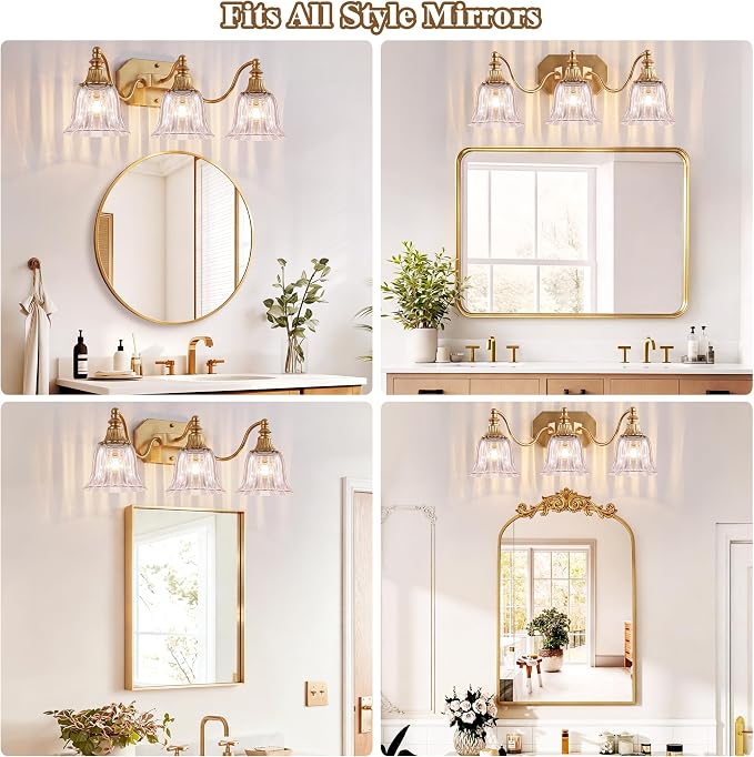 Brushed Gold 3-Light Bathroom Vanity Light, Crystal Glass Shade | Vintage Look, Antique Gold Finish, Solid Metal Frame, Wall Mount Lighting Fixtures Over Mirror, for Bathroom Restroom