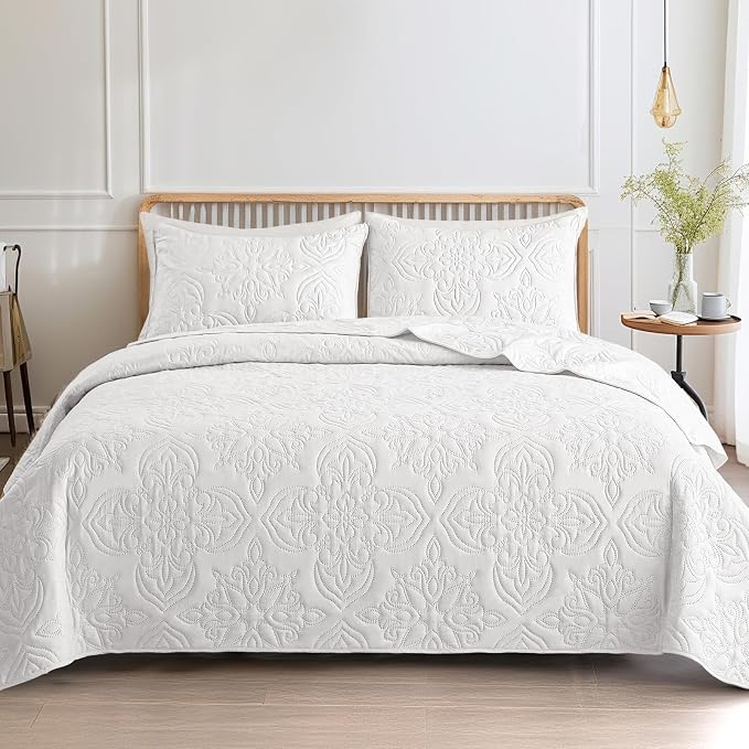 Whale Flotilla Queen Quilt Bedding Set Vintage Damask Reversible Bedspread | Suitable for Bed, 3 Pieces White Lightweight Breathable Quilts Queen Size, Ultrasonic Coverlet Bed Cover with 2 Pillow Shams