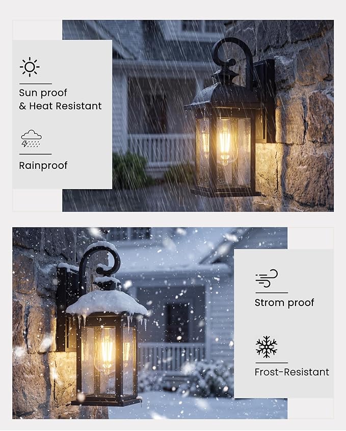 FEMILA Exterior Wall Sconce, 2 Packs Outdoor Waterproof Wall Lights Fixture, E26 Socket Wall Lantern for Porch, Anti-Rust Matte Black Finish with Seeded Glass Lampshade, 4FD54B-2PK BK