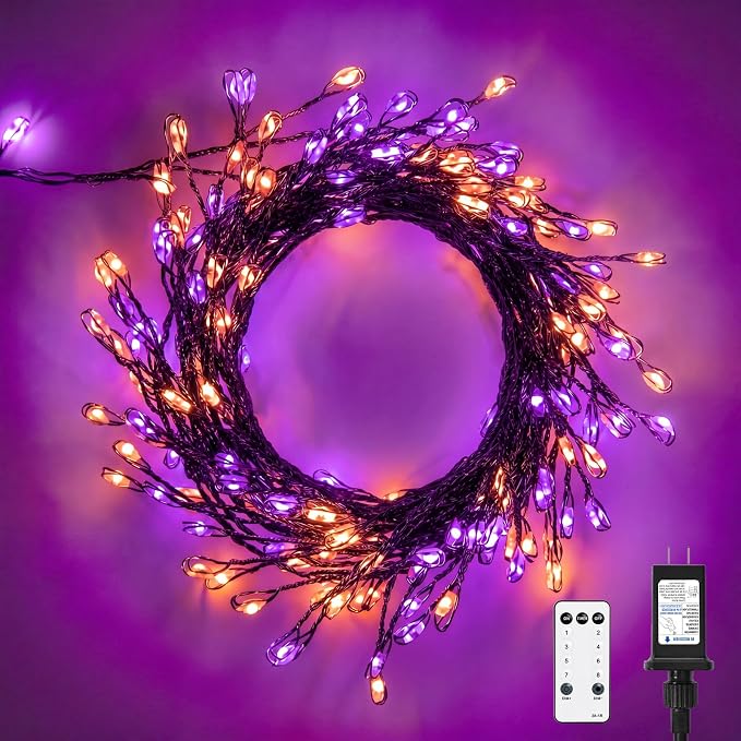 Halloween Fairy Lights Plug in, String Lights for Halloween Decorations | 10FT 200LEDs, 1 Pack with Remote, Orange&Purple, Waterproof Firecracker Lights for Window Bar Haunted Theme Halloween Decor
