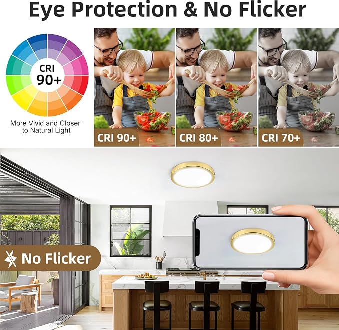 Hlite 9 Inch LED Flush Mount Ceiling Light,1800LM,6 Pack,3CCT | 18W 3000K/4000K/5000K Selectable,Super Slim,Low Profile Round Ceiling Light Fixtures for Kitchen,Bedroom,Hallway,Gold
