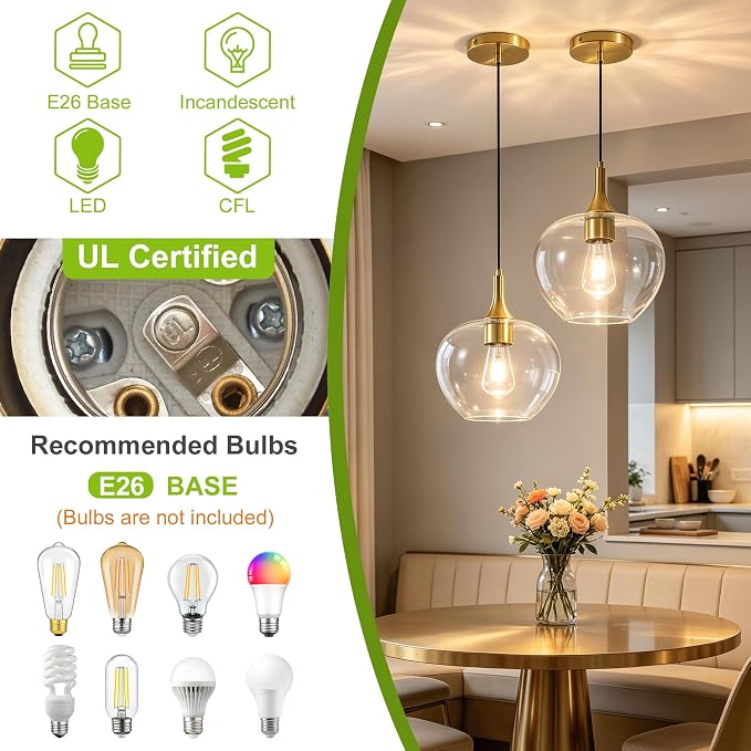 9.45in Gold Pendant Lights Kitchen Island with Clear Glass Shade 2Pack | Handcrafted Glass Pendant Light Fixtures, UL Certified, E26 Base 100W Max, Height-Adjustable, Dimmable Hanging Pendant Light
