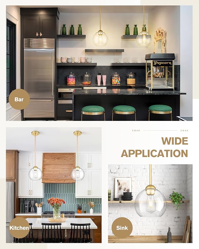 Emak 3 Pack Pendant Lights Kitchen Island, Gold Pendant Light Fixtures with Clear Glass Shade, Modern 8 Inch Globe Hanging Lights for Kitchen, Bedroom, Bar, PL121-GD-3PK