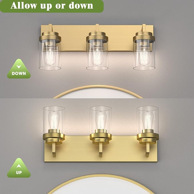 Bathroom Lighting Fixtures, 3-Light Bathroom Vanity Lights Over Mirror, Brass Vanity Light with Glass Shade, Modern Vanity Lighting Fixtures for Bedroom, Hallway