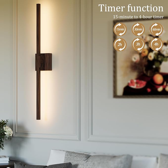 Rayogale Walnut Battery Operated Wall Sconce with Remote Control 24 Inch | 3000/4500/6000K Dimmable 8000mAh Wireless Rechargeable Wall Sconces Set of Two with Timer for Living Room, Bedroom, TV