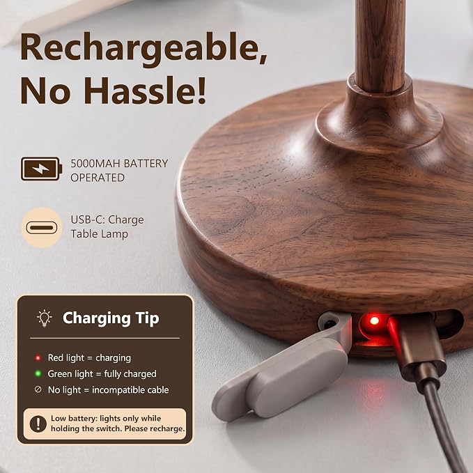 Table Lamp Cordless Lamp,5000mAh Rechargeble Battery Operated Lamp | Small Bedside Desk Lamp 11.02" with Glass Shade 3-Way Dimmable Portable LED Table Light,for Outdoor,Dinner(Walnut Wood Grain)