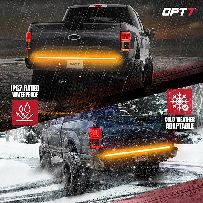 OPT7 Redline 60" Aluminum Truck Tailgate Light Bar w/Sequential Amber Turn - Weatherproof Rigid 1-Piece Triple Row LED Strip - Dynamic Taillight w/White Reverse - Fits F150, Silverado, Sierra, Ram