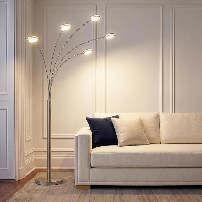 Brightech Orion Arc Floor Lamp for Living Room, Tree Floor Lamp with 5 Adjustable Arms, Multi-Head Standing Lamp with Flexible Rotating LEDs for Bedroom, Dorm - Bright Hanging Lighting - Satin Nickel