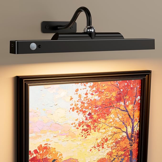 Wireless Picture Light for Wall with Motion Sensor, 12 Inch, Black, 1 Pack | Cordless, Magnetic Detachable Bar, Rechargeable, Remote Control, 3CCT Dimmable, 4400mAh, for Artworks Photos