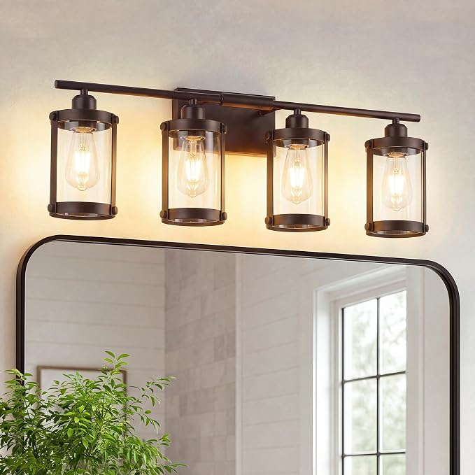 4-Light Oil Rubbed Bronze Bathroom Light Fixtures Over Mirror with Clear Glass and Metal Cage Shade, 29" UL-Listed Modern Farmhouse Wall Sconce for Bath, Hardwire E26, OS-3014ORB-4W