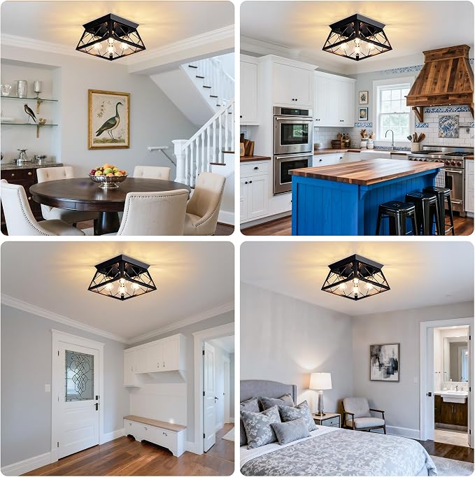 Mayful Black Farmhouse Flush Mount Ceiling Light Fixturet, 4-Light Rustic Hallway Light Fixtures, Square Industrial Close to Ceiling Light Fixtures for Kitchen Entryway Foyer, Bulb Not Included
