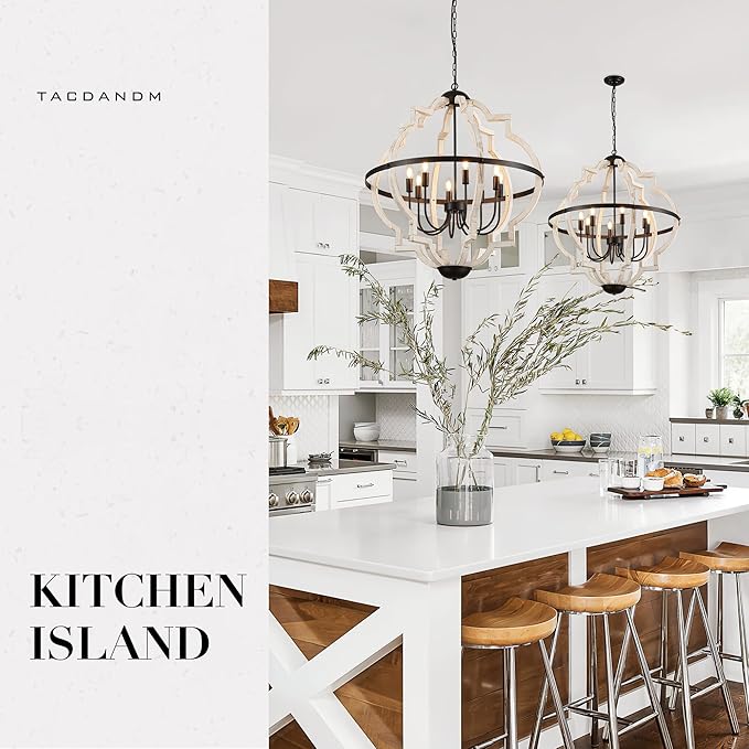 31.5'' 8-Light Farmhouse Chandelier for Dining Room Vintage Rustic White Wood Pendant Light Fixtures Globe Hanging Ceiling Lighting for Hallway Entry